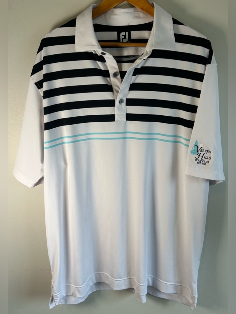 Footjoy Men’s Golf Polo Shirt Size XXL White Black Stripes Stretch Vespra Hills